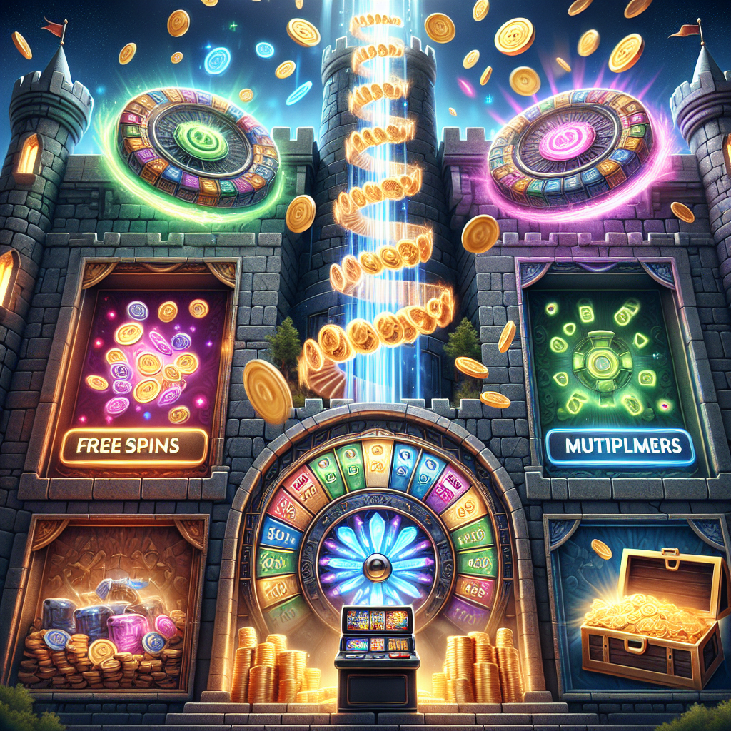 An illustration of bonus features in Tower Rush, highlighting free spins and multipliers.